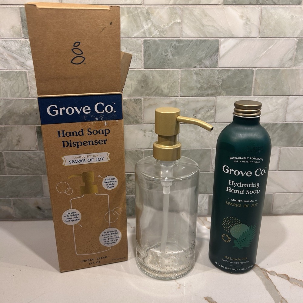 Grove Co glass Dispenser w hand soap *ltd ed*  balsam fir 13 oz  ecofriendly new